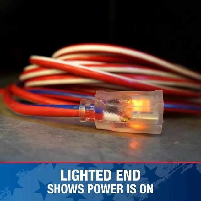Alt view image 6 of 7 - Southwire Heavy Duty Extension Cord - All-Purpose Contractor Grade with Lighted Plug & Patriotic Colors - SJTW Extension - 12 Gauge - 50 Foot - Red, White & Blue