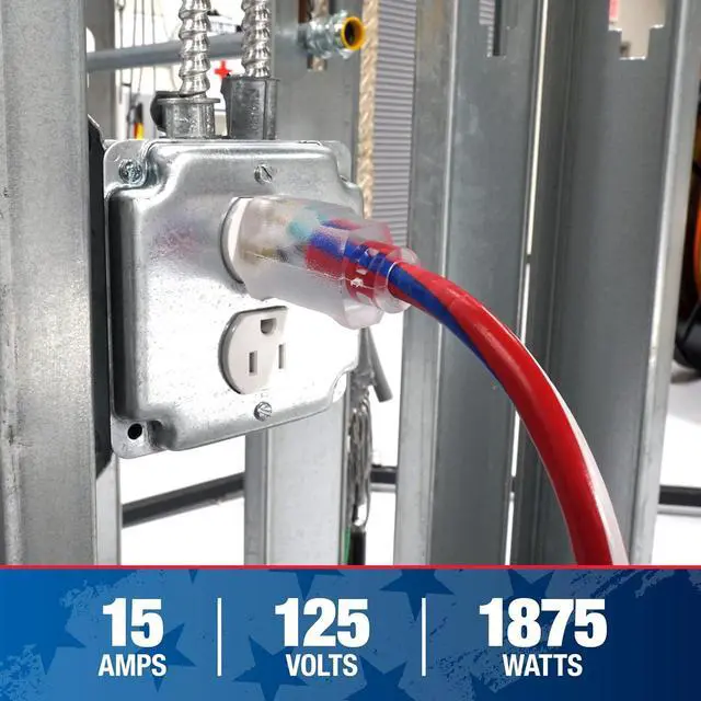 Alt view image 7 of 7 - Southwire Heavy Duty Extension Cord - All-Purpose Contractor Grade with Lighted Plug & Patriotic Colors - SJTW Extension - 12 Gauge - 50 Foot - Red, White & Blue