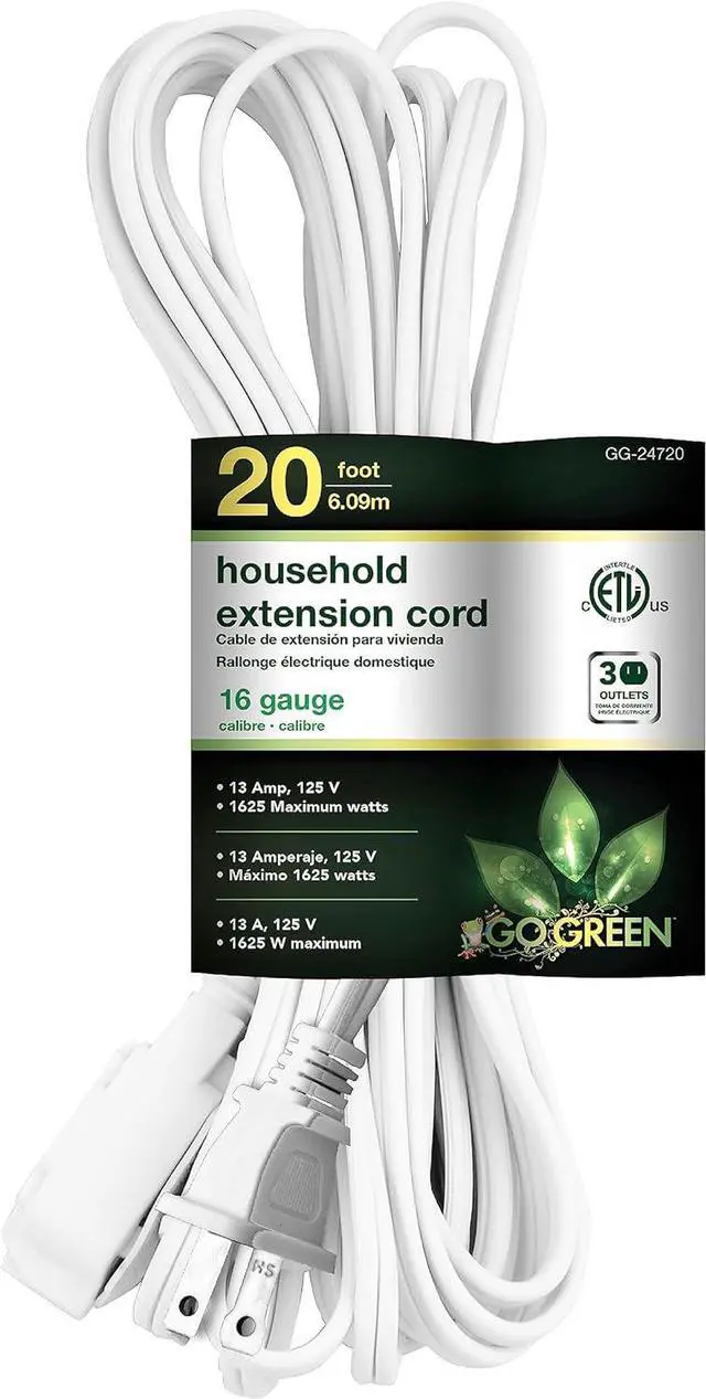 Main image of Go Green Power Inc. 20ft Household Extension Cord, White, 3 Outlets, 16/2, Indoor Use Only - Safe, Reliable, and Child-Safe Covers - Ideal for Everyday Electronics