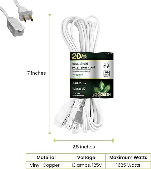 Alt view image 2 of 7 - Go Green Power Inc. 20ft Household Extension Cord, White, 3 Outlets, 16/2, Indoor Use Only - Safe, Reliable, and Child-Safe Covers - Ideal for Everyday Electronics