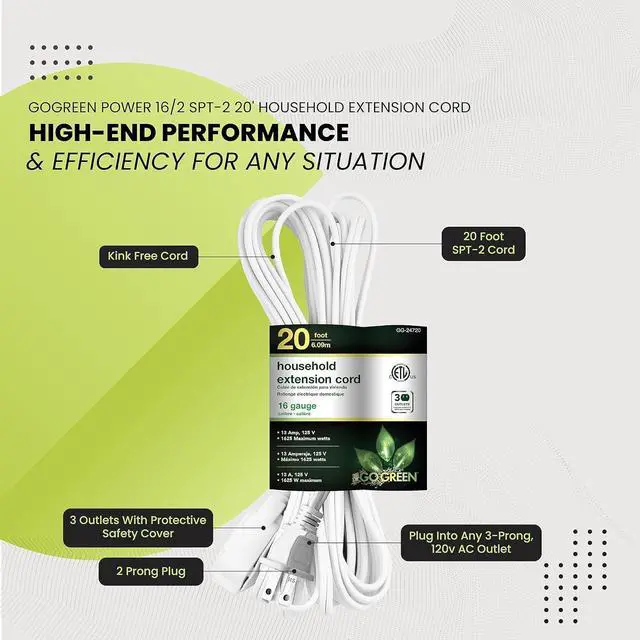 Alt view image 5 of 7 - Go Green Power Inc. 20ft Household Extension Cord, White, 3 Outlets, 16/2, Indoor Use Only - Safe, Reliable, and Child-Safe Covers - Ideal for Everyday Electronics