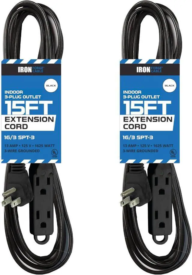 Main image of Iron Forge Cable 2 Pack 15 ft Flat Plug Black Extension Cord with 3 Outlets - 16/3 SJTW 3 Prong Indoor Extension Cord with Multiple Outlets