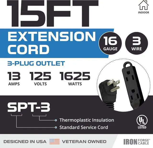 Alt view image 2 of 7 - Iron Forge Cable 2 Pack 15 ft Flat Plug Black Extension Cord with 3 Outlets - 16/3 SJTW 3 Prong Indoor Extension Cord with Multiple Outlets