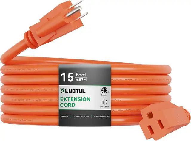 Main image of PLUGTUL 12/3 Outdoor Extension Cord 15 FT Waterproof, Heavy Duty 12 Gauge SJTW Extension Cord, 15A 1875W, ETL Listed, Great for Garden and Home, Orange