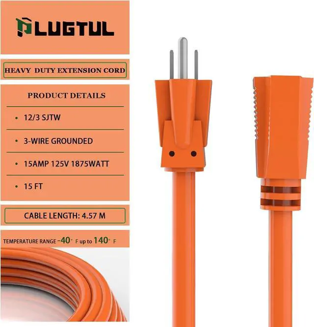 Alt view image 2 of 7 - PLUGTUL 12/3 Outdoor Extension Cord 15 FT Waterproof, Heavy Duty 12 Gauge SJTW Extension Cord, 15A 1875W, ETL Listed, Great for Garden and Home, Orange