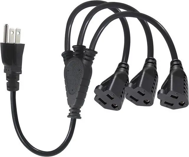 Main image of KUNCAN 3-Way Splitter Extension Cord - 3 Prong 1 to 3 Way Power Splitter, 1FT 18AWG 10A/1250W, NEMA 5-15P to 3X NEMA 5-15R Y Style 3-Outlet Extension Cord for Home, Room, Office(Black 1-Pack)