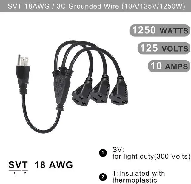 Alt view image 2 of 7 - KUNCAN 3-Way Splitter Extension Cord - 3 Prong 1 to 3 Way Power Splitter, 1FT 18AWG 10A/1250W, NEMA 5-15P to 3X NEMA 5-15R Y Style 3-Outlet Extension Cord for Home, Room, Office(Black 1-Pack)