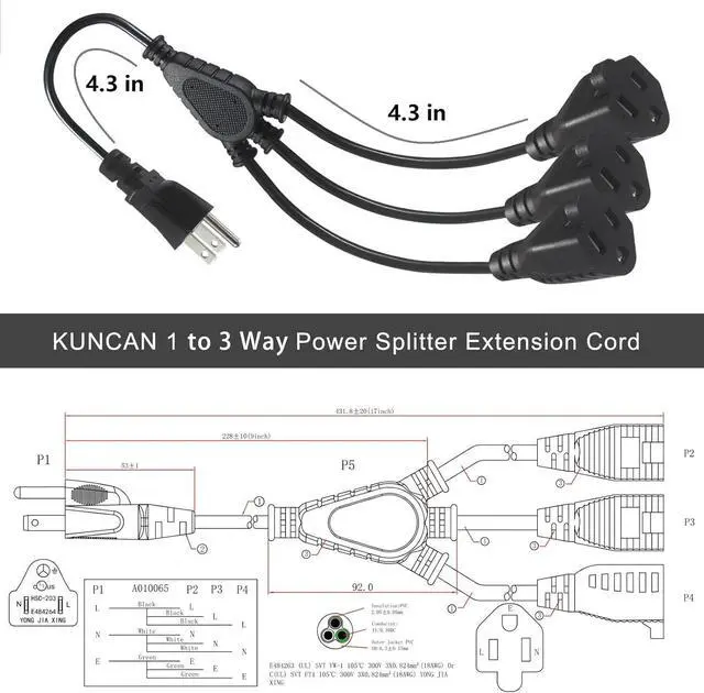 Alt view image 4 of 7 - KUNCAN 3-Way Splitter Extension Cord - 3 Prong 1 to 3 Way Power Splitter, 1FT 18AWG 10A/1250W, NEMA 5-15P to 3X NEMA 5-15R Y Style 3-Outlet Extension Cord for Home, Room, Office(Black 1-Pack)