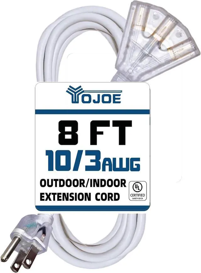 Main image of YOJOE 3-Outlets Indoor Outdoor Extension Cord with Lighted End, 3 Prong 15A Weatherproof Power Cord, 10 Gauge Heavy Duty 8 ft White Extension Cord Multiple Outlets, 10/3 SJTW UL Listed
