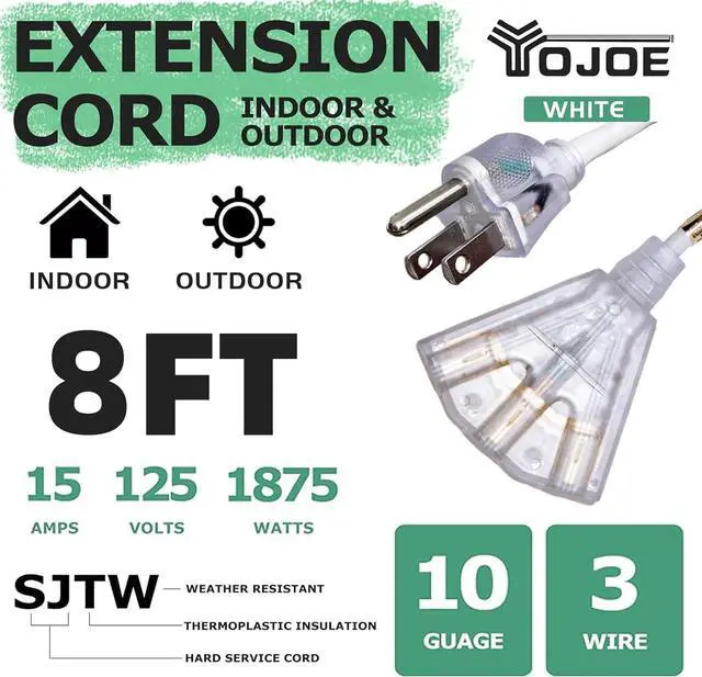 Alt view image 2 of 6 - YOJOE 3-Outlets Indoor Outdoor Extension Cord with Lighted End, 3 Prong 15A Weatherproof Power Cord, 10 Gauge Heavy Duty 8 ft White Extension Cord Multiple Outlets, 10/3 SJTW UL Listed