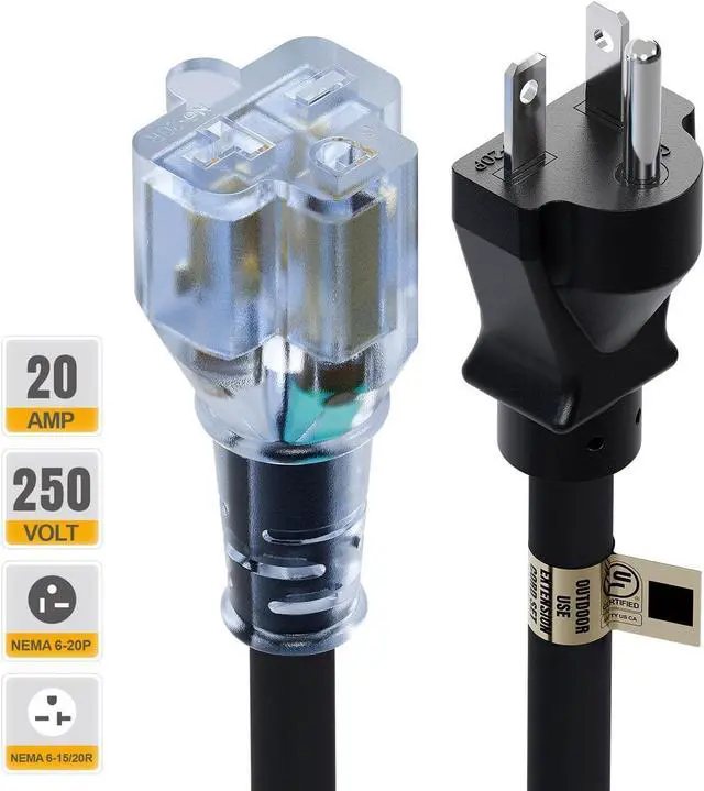 Alt view image 2 of 7 - 10FT Nema 6-20P Extension Cord, Plugrand 20 Amp-250 Volt 12AWG Nema 6-20 Heavy Duty Extension Cable, Nema 6-15R/20R T-Blade Cord with Red Indicator Light, Black Color for Air Conditioner Etc.