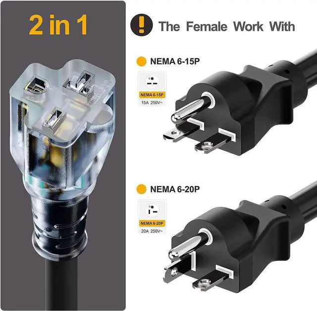 Alt view image 4 of 7 - 10FT Nema 6-20P Extension Cord, Plugrand 20 Amp-250 Volt 12AWG Nema 6-20 Heavy Duty Extension Cable, Nema 6-15R/20R T-Blade Cord with Red Indicator Light, Black Color for Air Conditioner Etc.