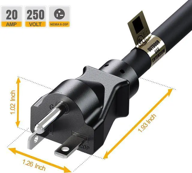 Alt view image 7 of 7 - 10FT Nema 6-20P Extension Cord, Plugrand 20 Amp-250 Volt 12AWG Nema 6-20 Heavy Duty Extension Cable, Nema 6-15R/20R T-Blade Cord with Red Indicator Light, Black Color for Air Conditioner Etc.