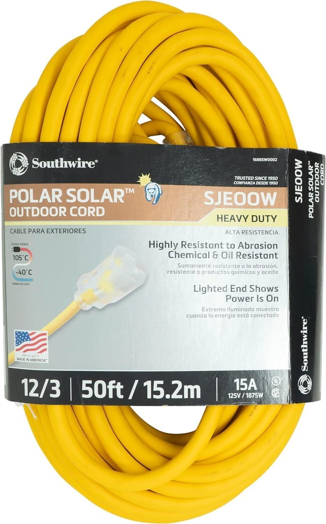 Main image of Southwire Polar Solar Extension Cord - Cold Weather Flexibility & Rugged Durability - SJEOOW Jacket - UL Listed - Oil & Chemical Resistant - 12/3 Gauge - 50 Foot - Yellow Outdoor Cord