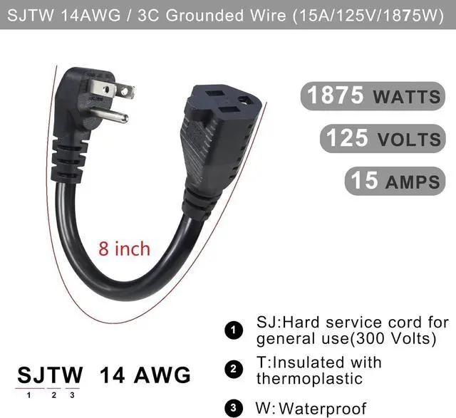 Alt view image 2 of 7 - KUNCAN Short Power Extension Cord - Low Profile Wall Head 6 Inch 14AWG/3C SJTW Heavy Duty Extension Cable for Indoor/Outdoor, 90-Degree Flat Plug 15A/125V 1875W NEMA 5-15P to NEMA 5-15R, Black 4-Pack