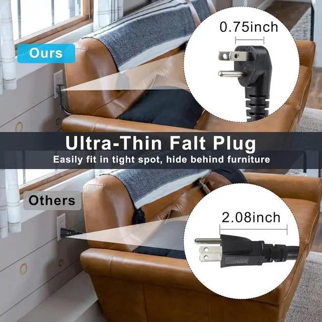 Alt view image 4 of 7 - KUNCAN Short Power Extension Cord - Low Profile Wall Head 6 Inch 14AWG/3C SJTW Heavy Duty Extension Cable for Indoor/Outdoor, 90-Degree Flat Plug 15A/125V 1875W NEMA 5-15P to NEMA 5-15R, Black 4-Pack