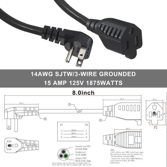 Alt view image 7 of 7 - KUNCAN Short Power Extension Cord - Low Profile Wall Head 6 Inch 14AWG/3C SJTW Heavy Duty Extension Cable for Indoor/Outdoor, 90-Degree Flat Plug 15A/125V 1875W NEMA 5-15P to NEMA 5-15R, Black 4-Pack