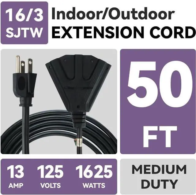 Alt view image 2 of 7 - 50 Ft Outdoor Extension Cord with 3 Electrical Power Outlets - 16/3 SJTW Black Cable with 3 Prong Grounded Plug