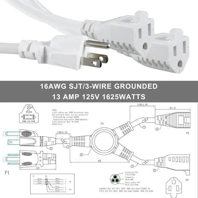 Alt view image 3 of 7 - KUNCAN Power Y-Splitter Extension Cord - 1FT 16AWG 2-Outlet Splitter Extension Cord, 3 Prong Straight Plug NEMA 5-15P to NEMA 5-15R x2, 1 to 2 Way Extension Cable, 125V 13A 1625W, White 1-Pack