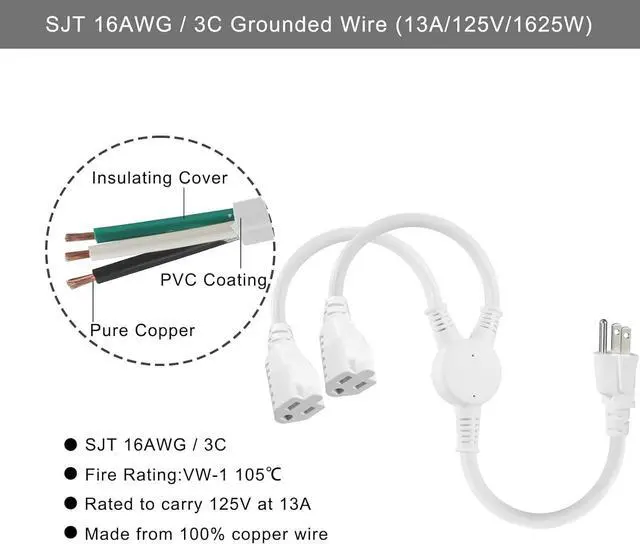 Alt view image 2 of 7 - KUNCAN Power Y-Splitter Extension Cord - 1FT 16AWG 2-Outlet Splitter Extension Cord, 3 Prong Straight Plug NEMA 5-15P to NEMA 5-15R x2, 1 to 2 Way Extension Cable, 125V 13A 1625W, White 1-Pack