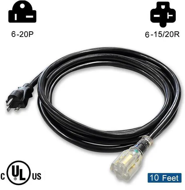 Alt view image 2 of 7 - 10FT 12 Gauge Heavy Duty Durable NEMA 6-20P/NEMA 6-15/20R T-Blade Cord with LED Indicator Indoor/Outdoor Extension Cords, 20 Amps 250Volts YODOTEK
