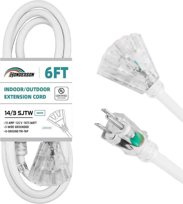 Main image of 3-Outlets Indoor Outdoor Extension Cord Weatherproof with Lighted End, UL Listed, 14 Gauge 6FT White 3 Prong Heavy Duty, 14/3 SJTW 15A Power Cord