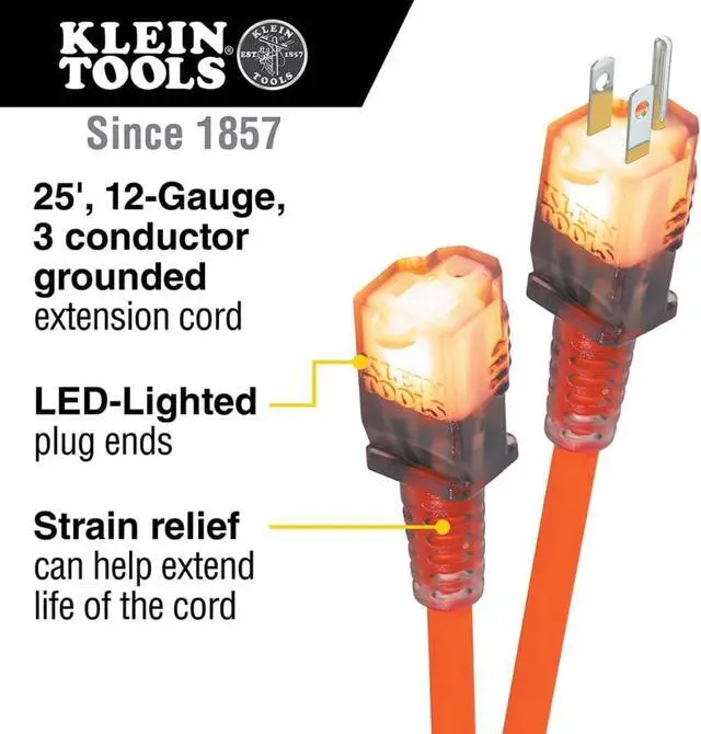 Alt view image 2 of 7 - Klein Tools EXC2515 12/3 SJEOW 25-Foot Extension Cord, LED Ends, Daytime Visibility, Flexible in Cold Weather, 99.9% Copper Wire, 15A, Indoor/Outdoor