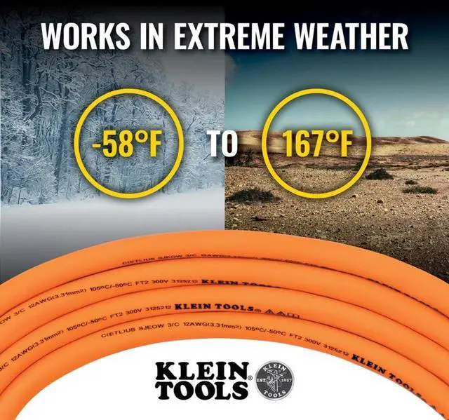 Alt view image 5 of 7 - Klein Tools EXC2515 12/3 SJEOW 25-Foot Extension Cord, LED Ends, Daytime Visibility, Flexible in Cold Weather, 99.9% Copper Wire, 15A, Indoor/Outdoor