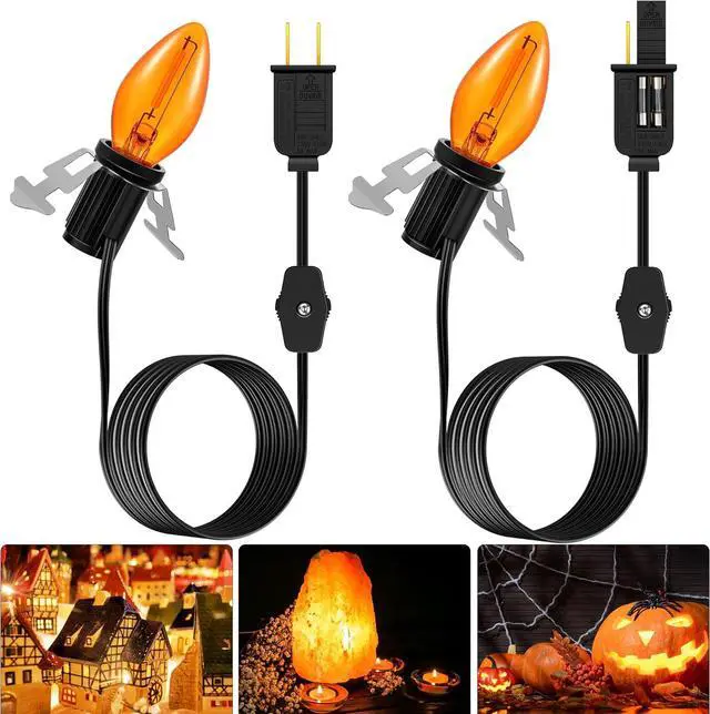 Main image of Enhon 2 Pack Accessory Cord with 1 LED Light Bulb, 6ft Black Cord with On/Off Switch for Halloween Pumpkin, Blow Mold, Craft Projects, Paper Lantern, Village House, Holiday Ceramic Trees (Orange)