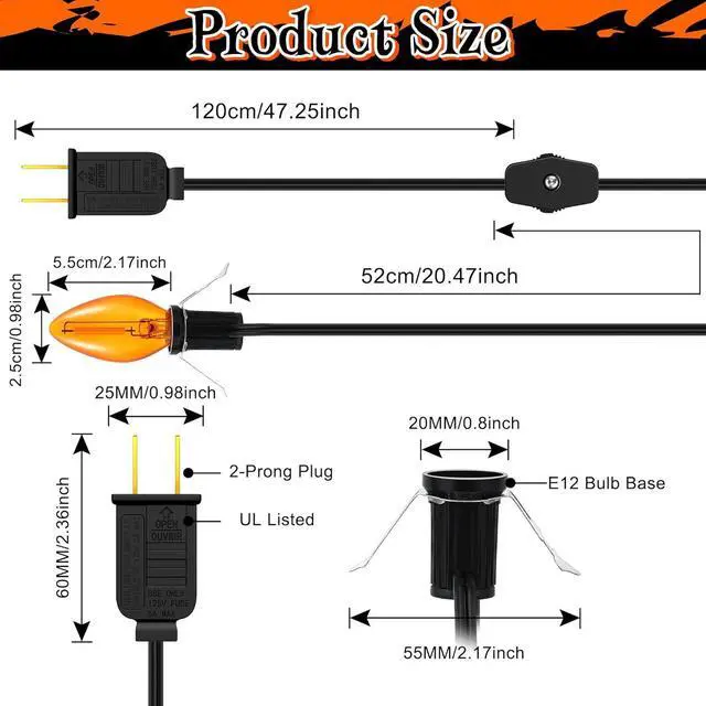 Alt view image 4 of 6 - Enhon 2 Pack Accessory Cord with 1 LED Light Bulb, 6ft Black Cord with On/Off Switch for Halloween Pumpkin, Blow Mold, Craft Projects, Paper Lantern, Village House, Holiday Ceramic Trees (Orange)