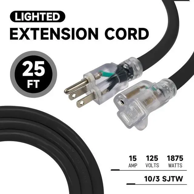 Alt view image 2 of 7 - EP 25 Ft Lighted Outdoor Extension Cord - 10/3 SJTW Heavy Duty Black Extension Cable with 3 Prong Grounded Plug for Safety, UL Listed