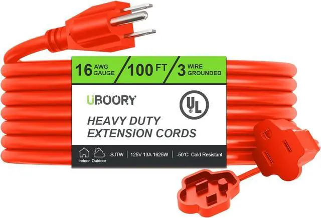 Main image of Outdoor Extension Cord Waterproof 100 FT, Orange 16/3 SJTW Heavy Duty, Flexible 100% Copper 3 Prong Extension Cord for Lawn, Garage,UL Listed