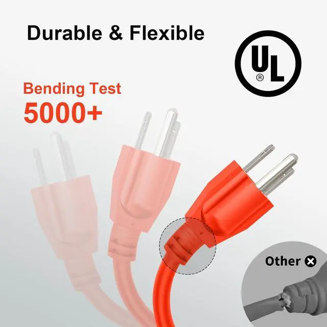 Alt view image 3 of 6 - Outdoor Extension Cord Waterproof 100 FT, Orange 16/3 SJTW Heavy Duty, Flexible 100% Copper 3 Prong Extension Cord for Lawn, Garage,UL Listed