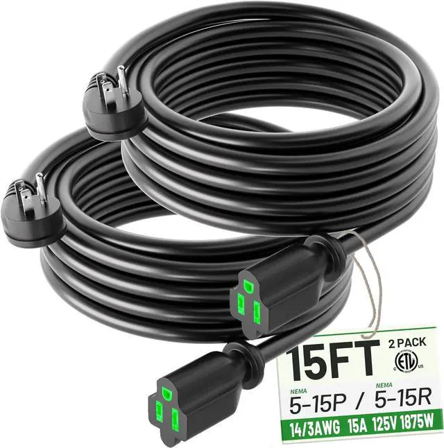 Main image of 2 Pack 15 Foot Flat Plug Extension Cord Black, 14/3 Gauge Indoor Short Extension Cable, 15A 1875W 125V 14AWG, 3 Prong Low Profile Power Cord, ETL Listed