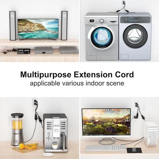 Alt view image 3 of 6 - 2 Pack 15 Foot Flat Plug Extension Cord Black, 14/3 Gauge Indoor Short Extension Cable, 15A 1875W 125V 14AWG, 3 Prong Low Profile Power Cord, ETL Listed