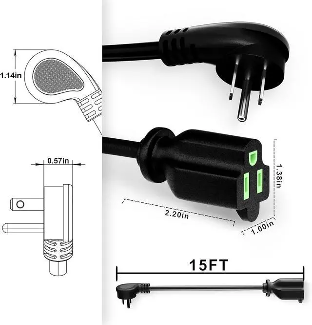 Alt view image 6 of 6 - 2 Pack 15 Foot Flat Plug Extension Cord Black, 14/3 Gauge Indoor Short Extension Cable, 15A 1875W 125V 14AWG, 3 Prong Low Profile Power Cord, ETL Listed