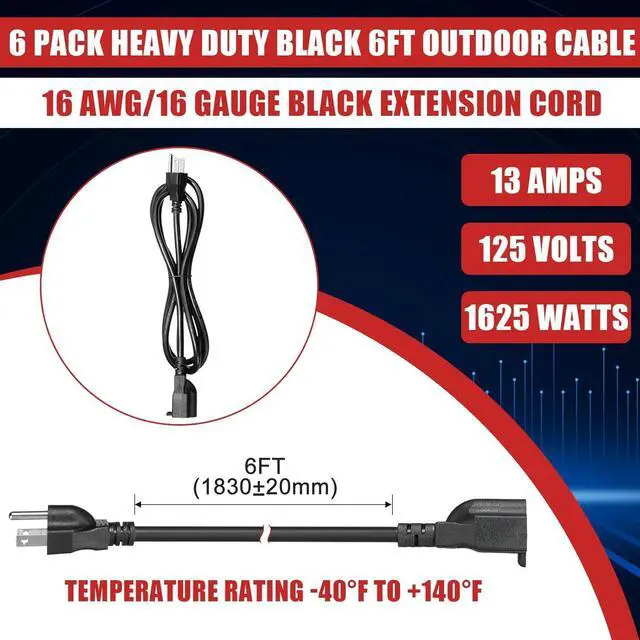 Alt view image 2 of 7 - Kanayu 10 Pcs Extension Cord, 16 AWG SJW Heavy Duty Power Cable 13 Amps 125V Extension Cable with 3 Prong for Indoor Outdoor Electrical Kitchen Appliances, UL Listed(6 Feet,Black)
