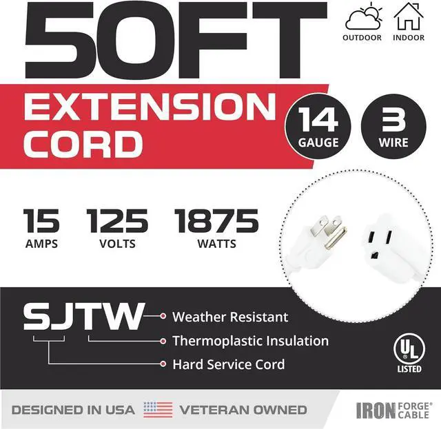Alt view image 2 of 7 - Iron Forge Cable 15 Amp Heavy Duty Extension Cord 50 ft, SJTW 14 Gauge Extension Cord 3 Prong Outdoor & Indoor, Weatherproof White Power Cable 14 AWG, Great for Major Appliances - US Veteran Owned