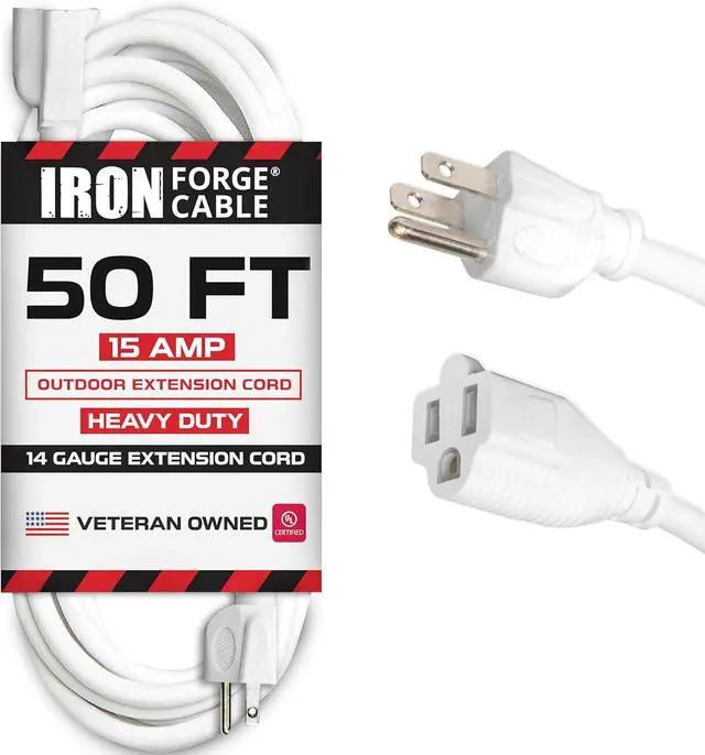 Main image of Iron Forge Cable 15 Amp Heavy Duty Extension Cord 50 ft, SJTW 14 Gauge Extension Cord 3 Prong Outdoor & Indoor, Weatherproof White Power Cable 14 AWG, Great for Major Appliances - US Veteran Owned