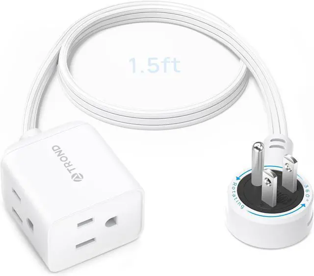 Main image of TROND Short Extension Cord 1.5ft with 360° Rotating Flat Plug, Low Profile Small Power Strip, Three Prong 3 Way Grounded Outlets, 13A, SPT 16/3 AWG Cable for Indoor Home Office Cruise Travel, White