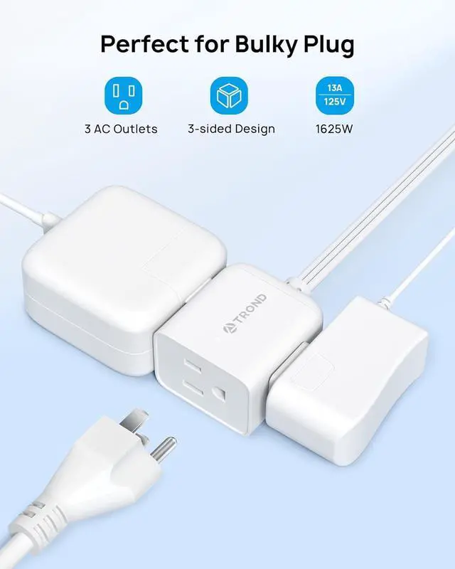 Alt view image 3 of 7 - TROND Short Extension Cord 1.5ft with 360° Rotating Flat Plug, Low Profile Small Power Strip, Three Prong 3 Way Grounded Outlets, 13A, SPT 16/3 AWG Cable for Indoor Home Office Cruise Travel, White