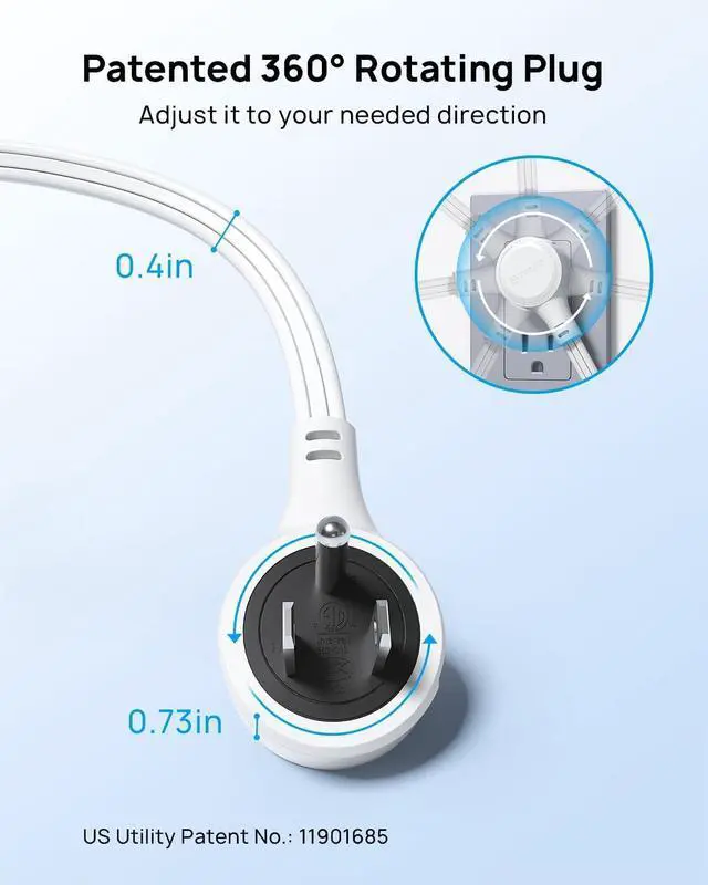 Alt view image 2 of 7 - TROND Short Extension Cord 1.5ft with 360° Rotating Flat Plug, Low Profile Small Power Strip, Three Prong 3 Way Grounded Outlets, 13A, SPT 16/3 AWG Cable for Indoor Home Office Cruise Travel, White