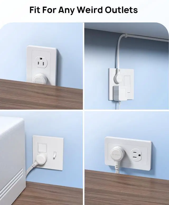 Alt view image 4 of 7 - TROND Short Extension Cord 1.5ft with 360° Rotating Flat Plug, Low Profile Small Power Strip, Three Prong 3 Way Grounded Outlets, 13A, SPT 16/3 AWG Cable for Indoor Home Office Cruise Travel, White