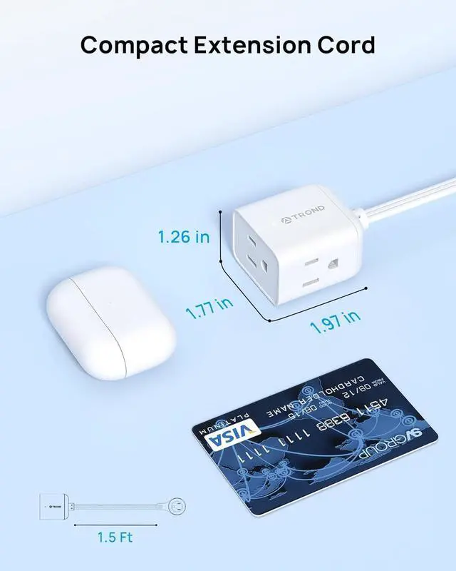 Alt view image 6 of 7 - TROND Short Extension Cord 1.5ft with 360° Rotating Flat Plug, Low Profile Small Power Strip, Three Prong 3 Way Grounded Outlets, 13A, SPT 16/3 AWG Cable for Indoor Home Office Cruise Travel, White