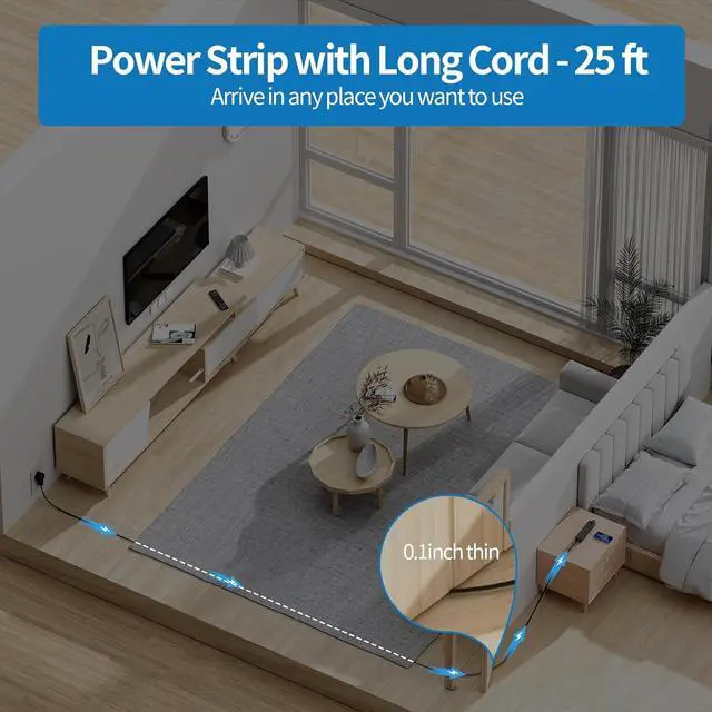 Alt view image 2 of 7 - Flat Plug Extension Cord 25 Ft, NTONPOWER Ultra Thin Flat Extension Cord Under Carpet, Rug, Door, Wall Mount Power Strip with 4 Outlets 3 USB Ports, Overload Protection for Indoor Home Office, Black