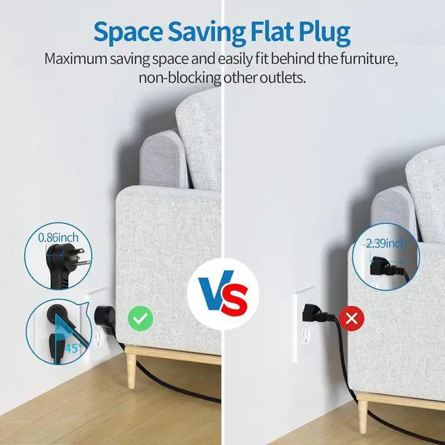 Alt view image 5 of 7 - Flat Plug Extension Cord 25 Ft, NTONPOWER Ultra Thin Flat Extension Cord Under Carpet, Rug, Door, Wall Mount Power Strip with 4 Outlets 3 USB Ports, Overload Protection for Indoor Home Office, Black