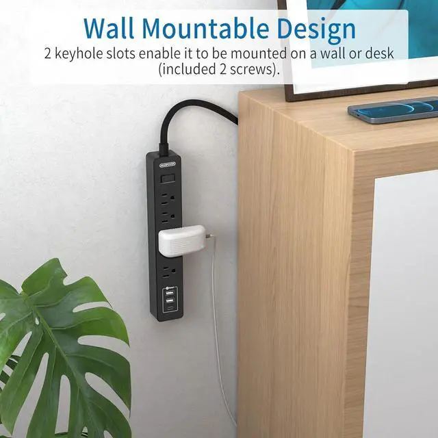 Alt view image 7 of 7 - Flat Plug Extension Cord 25 Ft, NTONPOWER Ultra Thin Flat Extension Cord Under Carpet, Rug, Door, Wall Mount Power Strip with 4 Outlets 3 USB Ports, Overload Protection for Indoor Home Office, Black