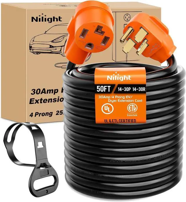 Main image of Nilight 50FT EV Dryer Extension Cord 4 Prong 30 Amp NEMA 14-30P 14-30R Old Cable Heavy Duty 10 Gauge Pure Copper Wire UL Listed 125/250V for Level 2 Using