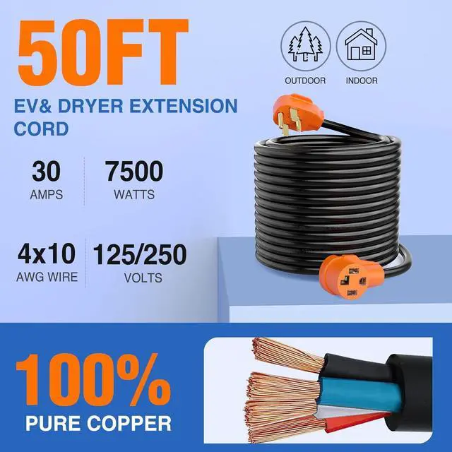 Alt view image 2 of 7 - Nilight 50FT EV Dryer Extension Cord 4 Prong 30 Amp NEMA 14-30P 14-30R Old Cable Heavy Duty 10 Gauge Pure Copper Wire UL Listed 125/250V for Level 2 Using