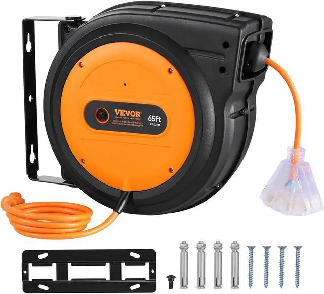 Main image of VEVOR Retractable Extension Cord Reel, 65 FT, Heavy Duty 12AWG/3C SJTOW Power Cord, with Lighted Triple Tap Outlet, 15 Amp Circuit Breaker, 180° Swivel Bracket for Ceiling or Wall Mount